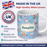 Personalized Custom Name Cute Kittens Puppies Snow Globes Blue Background Seamless Pattern 11oz Ceramic Coffee Tea Mug White Large Handle