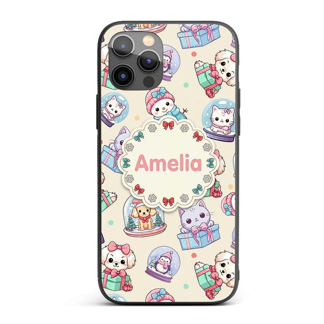 Cute Kittens Puppies Snow Globes Cream Background Custom Name Protective Phone Case Mobile Cover Durable Everyday Smartphone Shock Resistant