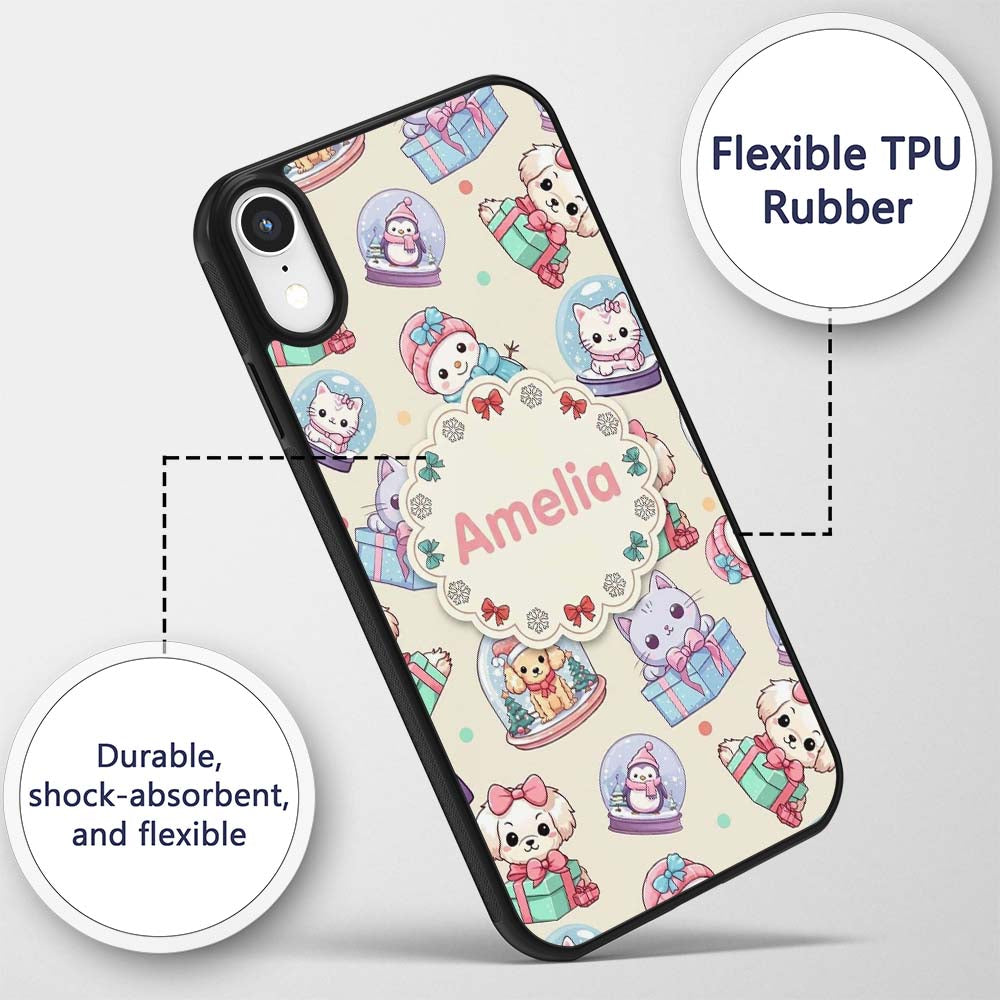 Cute Kittens Puppies Snow Globes Cream Background Custom Name Protective Phone Case Mobile Cover Durable Everyday Smartphone Shock Resistant
