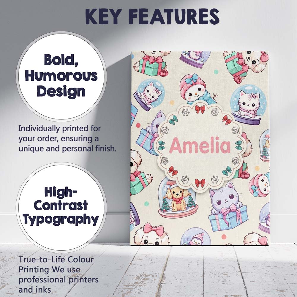 Personalised Name Cute Kittens Puppies Snow Custom  Bespoke Interior Contemporary Canvas Wall Art Print Decor Picture Ready to Hang