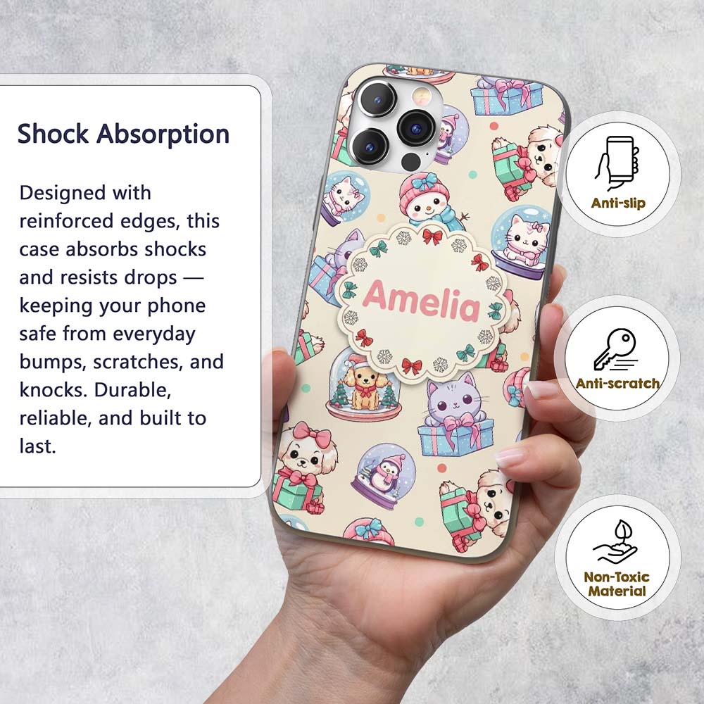 Cute Kittens Puppies Snow Globes Cream Background Custom Name Protective Phone Case Mobile Cover Durable Everyday Smartphone Shock Resistant