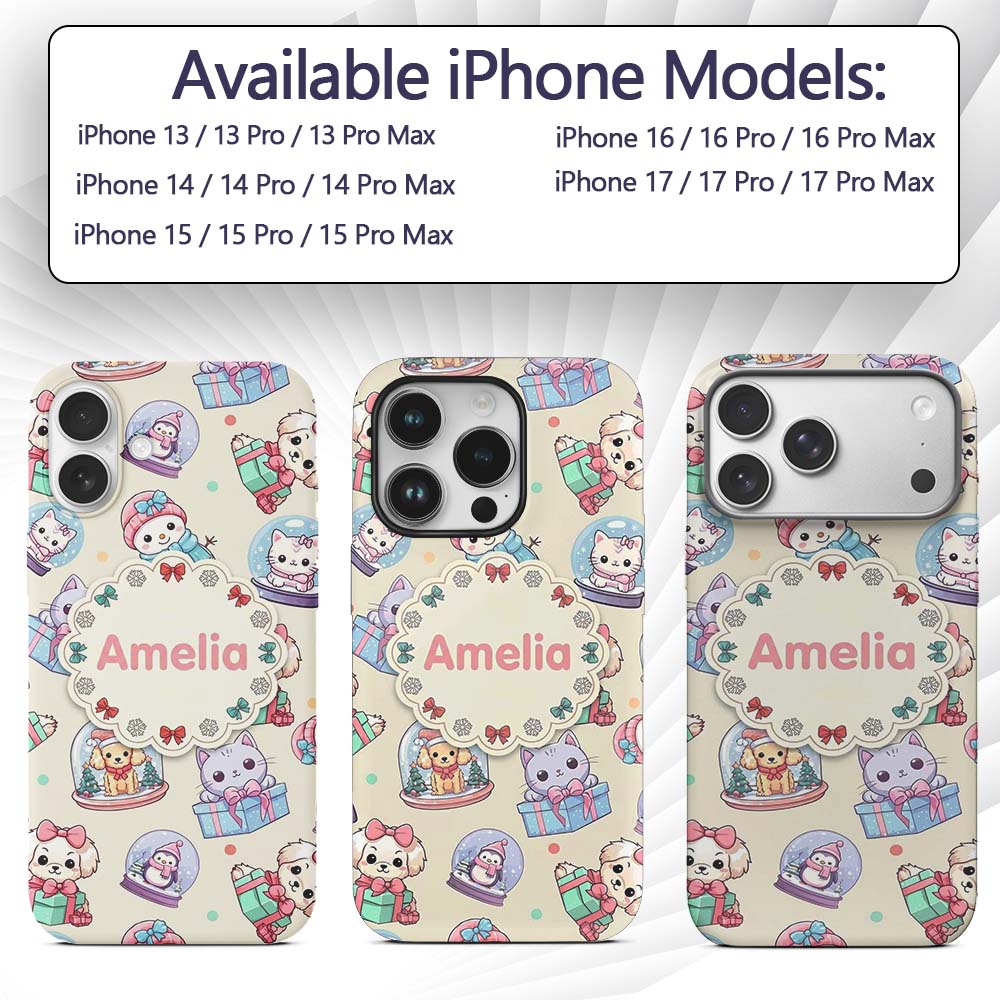 Cute Kittens Puppies Snow Globes Cream Background Custom Name Protective Phone Case Mobile Cover Durable Everyday Smartphone Shock Resistant