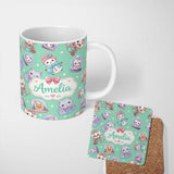 Personalized Custom Name Cute Kittens Puppies Snow Globes Mint Background Seamless Pattern 11oz Ceramic Coffee Tea Mug White Large Handle