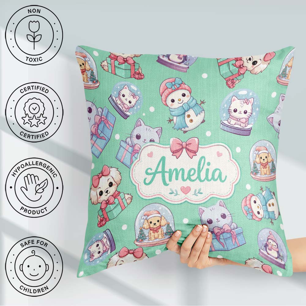 Custom Name Kittens Puppies Snow Globes Mint Background Seamless Square Filled Cushion Throw Pillow Sofa Bed Home Decor Zip Washable UK Made