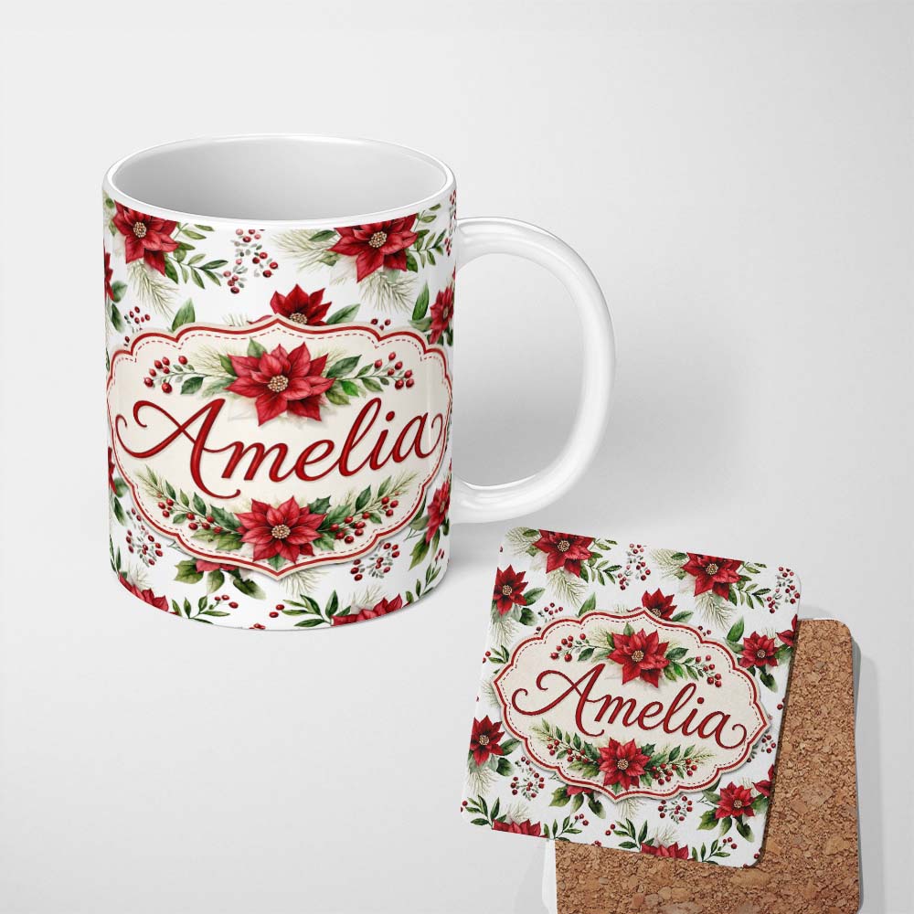 Personalized Custom Name Elegant Poinsettia Flower Berry Greenery Festive Seamless Pattern 11oz Ceramic Coffee Tea Mug White Large Handle