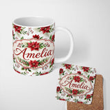 Personalized Custom Name Elegant Poinsettia Flower Berry Greenery Festive Seamless Pattern 11oz Ceramic Coffee Tea Mug White Large Handle