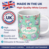 Personalized Custom Name Cute Kittens Puppies Snow Globes Mint Background Seamless Pattern 11oz Ceramic Coffee Tea Mug White Large Handle