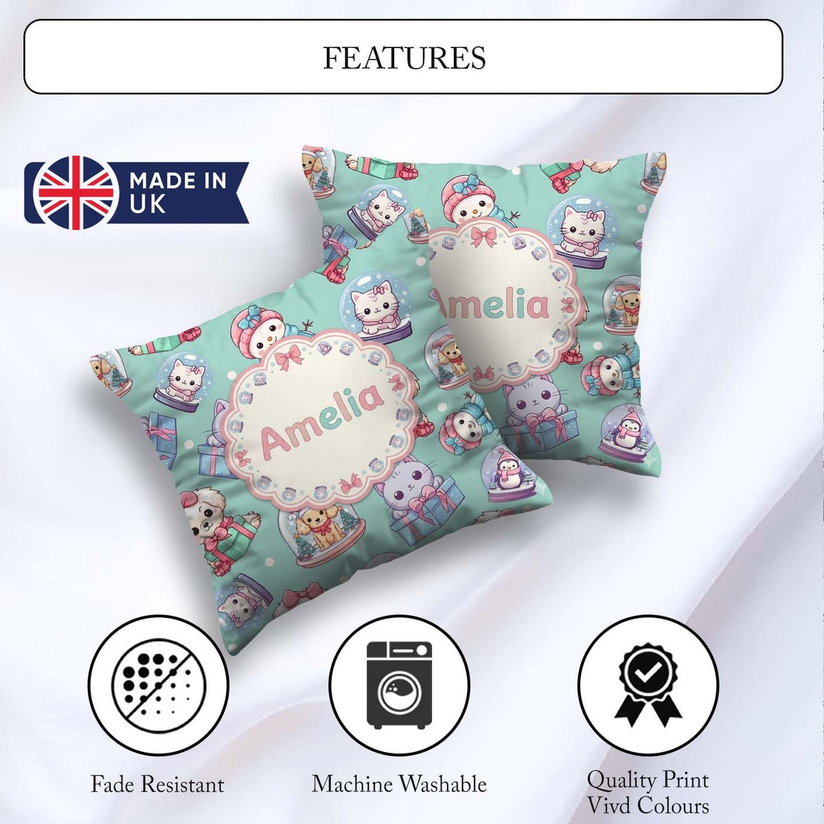 Custom Name Kittens Puppies Snow Globes Teal Background Seamless Square Filled Cushion Throw Pillow Sofa Bed Home Decor Zip Washable UK Made