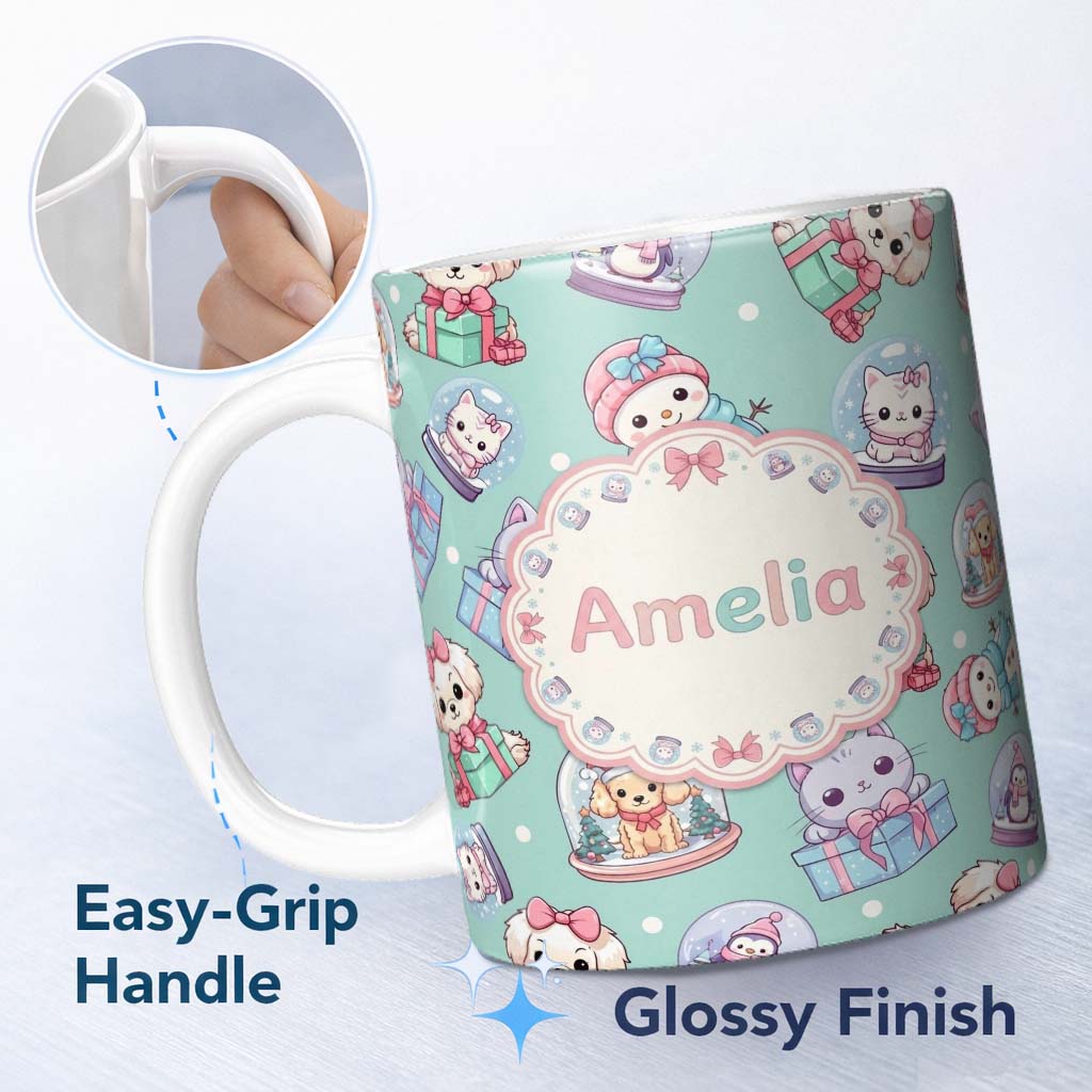 Personalized Custom Name Cute Kittens Puppies Snow Globes Teal Background Seamless Pattern 11oz Ceramic Coffee Tea Mug White Large Handle