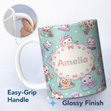 Personalized Custom Name Cute Kittens Puppies Snow Globes Teal Background Seamless Pattern 11oz Ceramic Coffee Tea Mug White Large Handle