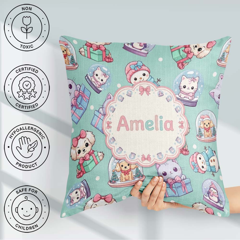 Custom Name Kittens Puppies Snow Globes Teal Background Seamless Square Filled Cushion Throw Pillow Sofa Bed Home Decor Zip Washable UK Made
