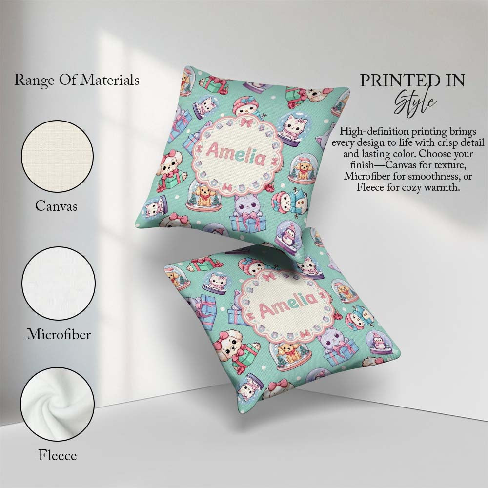 Custom Name Kittens Puppies Snow Globes Teal Background Seamless Square Filled Cushion Throw Pillow Sofa Bed Home Decor Zip Washable UK Made