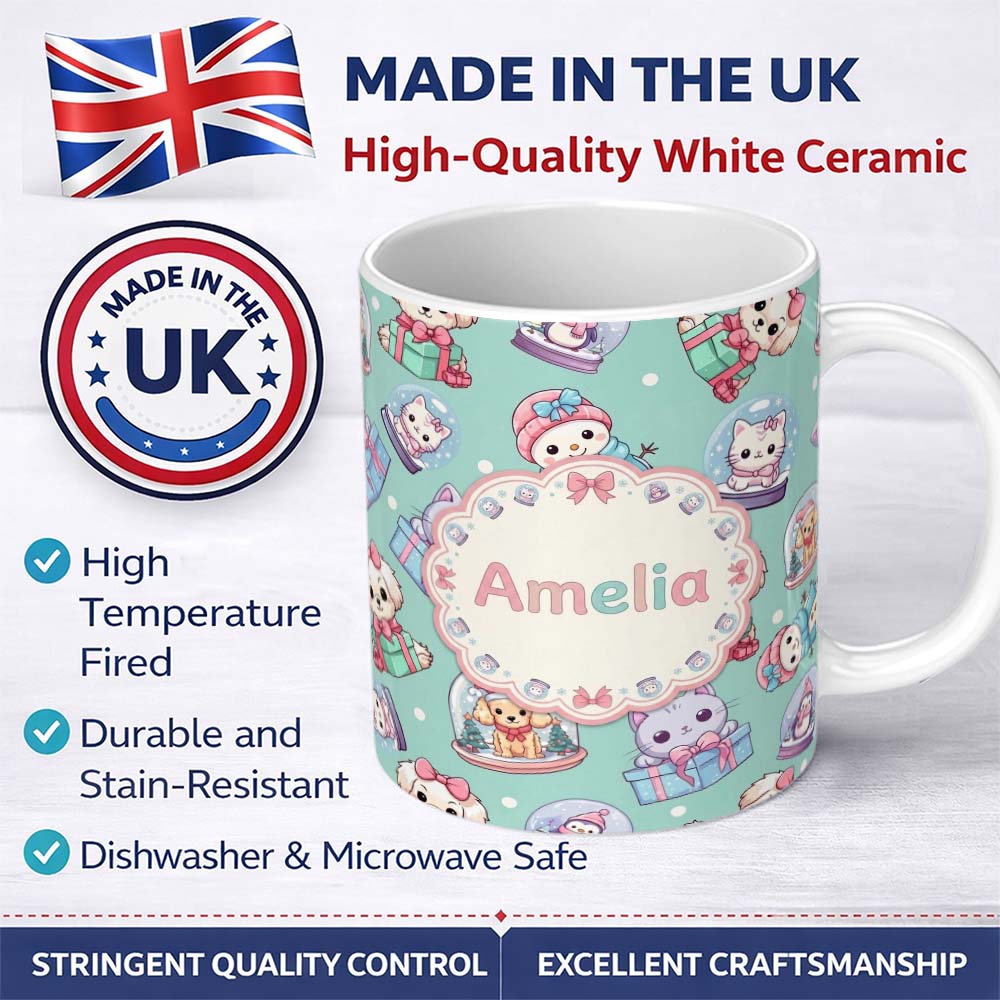Personalized Custom Name Cute Kittens Puppies Snow Globes Teal Background Seamless Pattern 11oz Ceramic Coffee Tea Mug White Large Handle