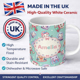 Personalized Custom Name Cute Kittens Puppies Snow Globes Teal Background Seamless Pattern 11oz Ceramic Coffee Tea Mug White Large Handle