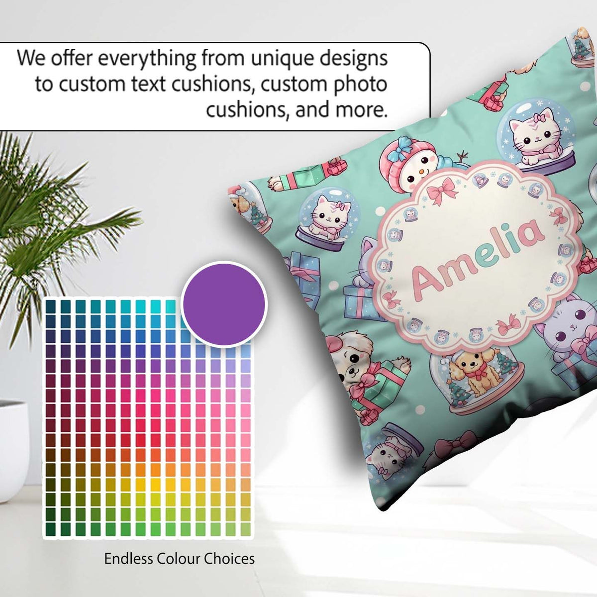 Custom Name Kittens Puppies Snow Globes Teal Background Seamless Square Filled Cushion Throw Pillow Sofa Bed Home Decor Zip Washable UK Made