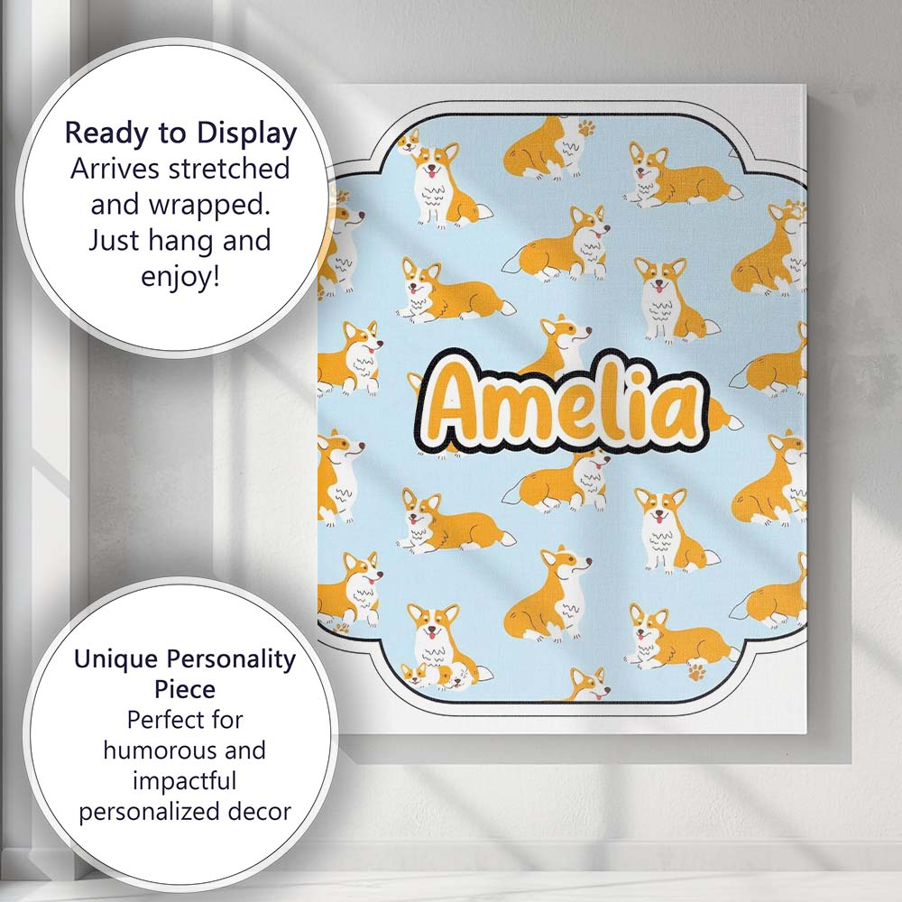 Personalised Name Cute Corgi Dogs Blue Background Playful Seamless Custom  Unique Canvas Wall Art Print Decor Picture Ready to Hang