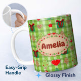 Personalized Custom Name Cute Christmas Tree Gift Heart Plaid Seamless Pattern Festive Lovely 11oz Ceramic Coffee Tea Mug White Large Handle