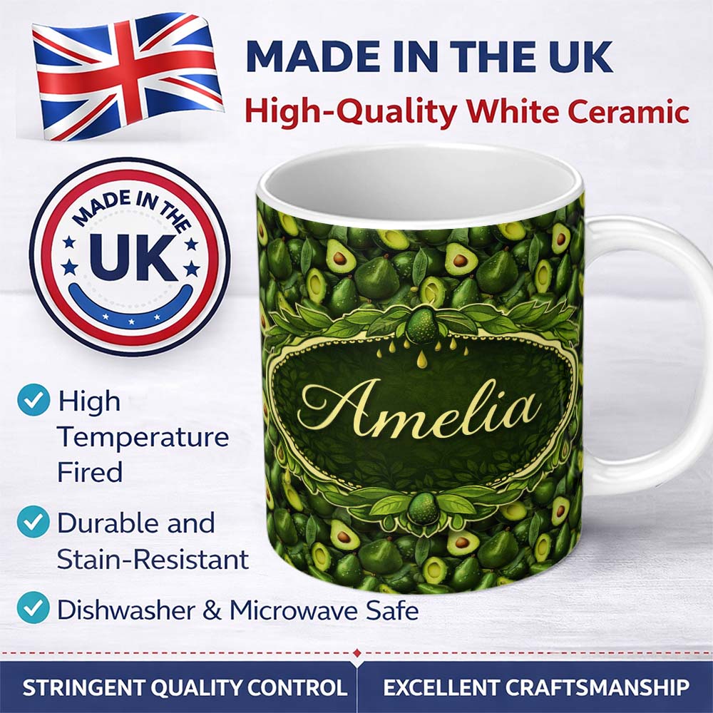 Personalized Custom Name Realistic Avocado Cluster Pattern Thoughtful Gift Idea Lovely 11oz Ceramic Coffee Tea Mug White Large Handle