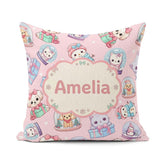 Custom Name Kittens Puppies Snow Globes Pink Background Seamless Square Filled Cushion Throw Pillow Sofa Bed Home Decor Zip Washable UK Made