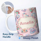 Personalized Custom Name Cute Kittens Puppies Snow Globes Pink Background Seamless Pattern 11oz Ceramic Coffee Tea Mug White Large Handle