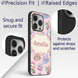 Cute Kittens Puppies Snow Globes Pink Background Custom Name Protective Phone Case Mobile Cover Durable Everyday Smartphone Shock Resistant