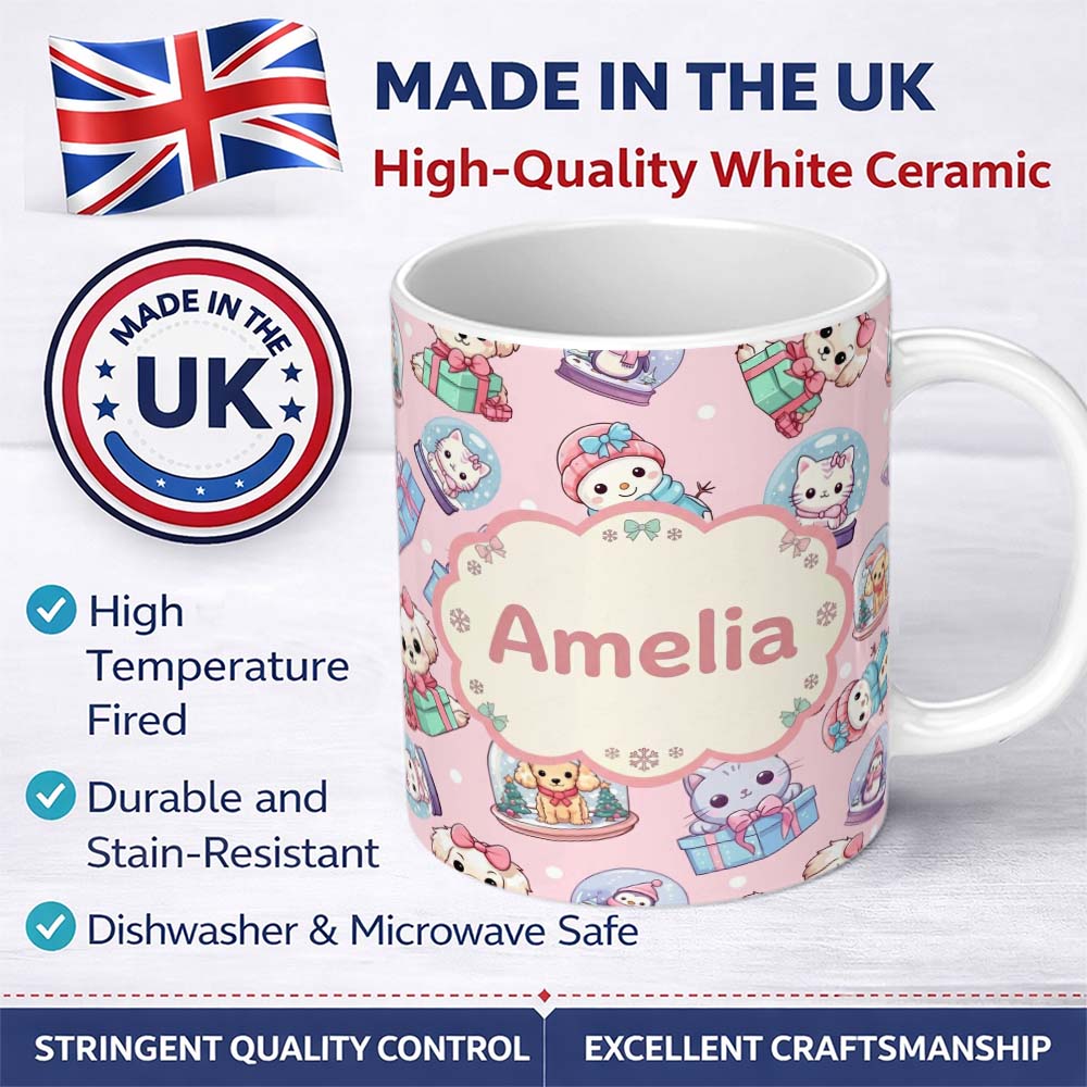 Personalized Custom Name Cute Kittens Puppies Snow Globes Pink Background Seamless Pattern 11oz Ceramic Coffee Tea Mug White Large Handle