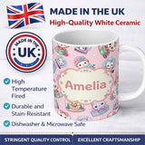 Personalized Custom Name Cute Kittens Puppies Snow Globes Pink Background Seamless Pattern 11oz Ceramic Coffee Tea Mug White Large Handle