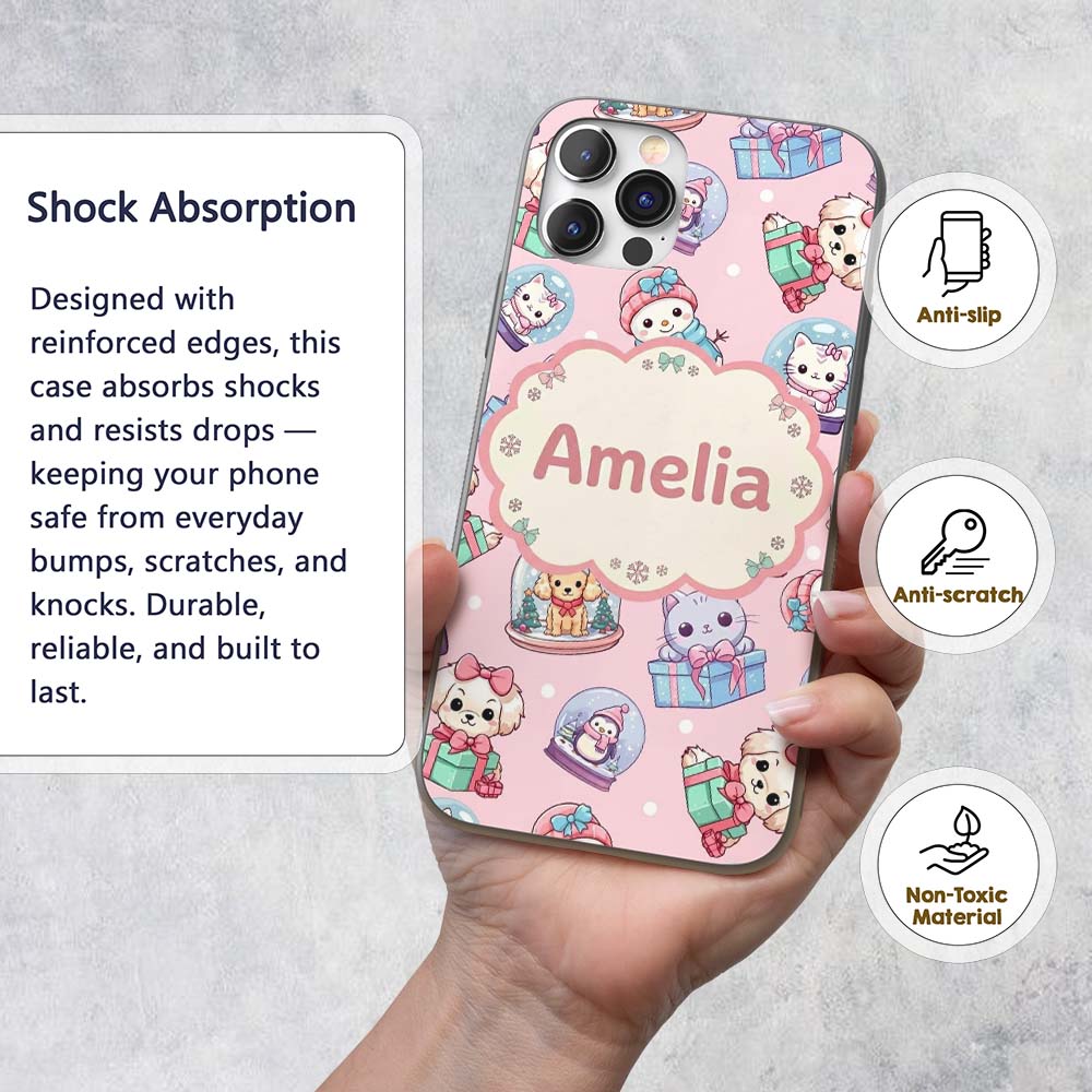 Cute Kittens Puppies Snow Globes Pink Background Custom Name Protective Phone Case Mobile Cover Durable Everyday Smartphone Shock Resistant