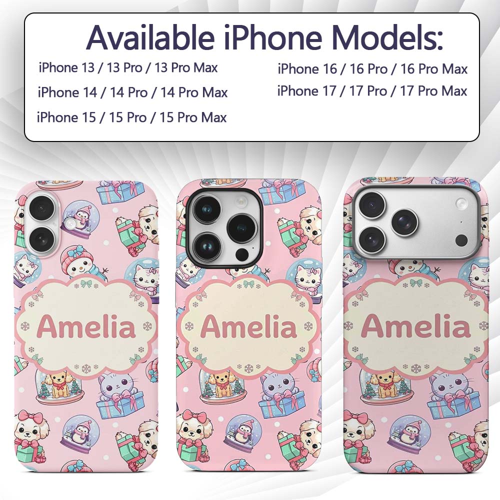 Cute Kittens Puppies Snow Globes Pink Background Custom Name Protective Phone Case Mobile Cover Durable Everyday Smartphone Shock Resistant