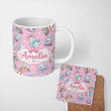Personalized Custom Name Cute Christmas Kittens Puppies Snow Globes Pink Background Seamless 11oz Ceramic Coffee Tea Mug White Large Handle