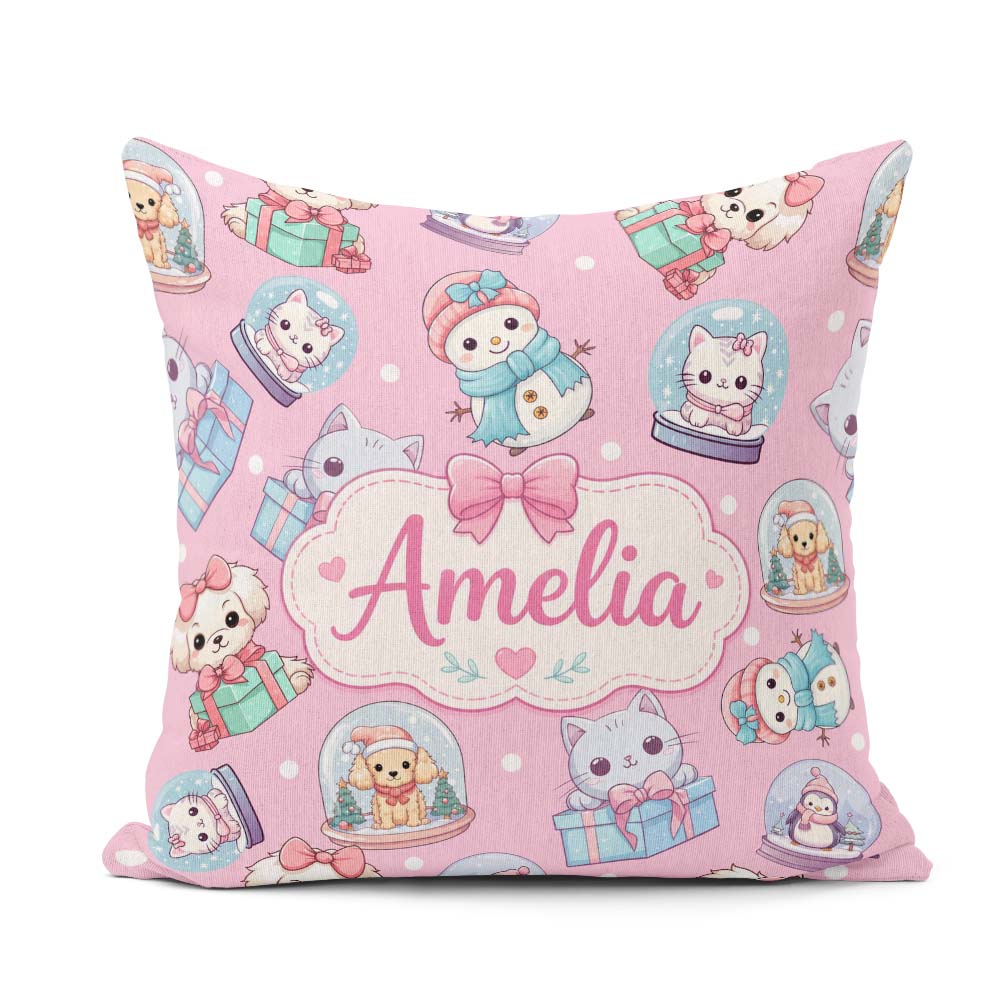 Custom Name Kittens Puppies Snow Globes Pink Background Seamless Square Filled Cushion Throw Pillow Sofa Bed Home Decor Zip Washable UK Made