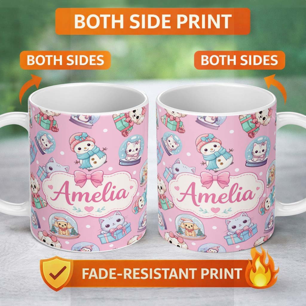 Personalized Custom Name Cute Christmas Kittens Puppies Snow Globes Pink Background Seamless 11oz Ceramic Coffee Tea Mug White Large Handle