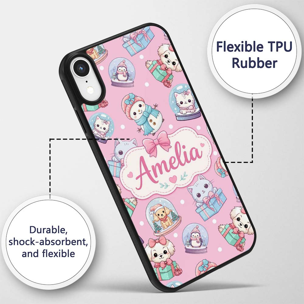 Cute Christmas Kittens Puppies Snow Globes Pink Custom Name Protective Phone Case Mobile Cover Durable Everyday Smartphone Shock Resistant