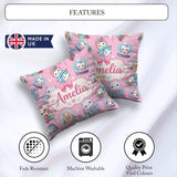 Custom Name Kittens Puppies Snow Globes Pink Background Seamless Square Filled Cushion Throw Pillow Sofa Bed Home Decor Zip Washable UK Made