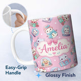 Personalized Custom Name Cute Christmas Kittens Puppies Snow Globes Pink Background Seamless 11oz Ceramic Coffee Tea Mug White Large Handle