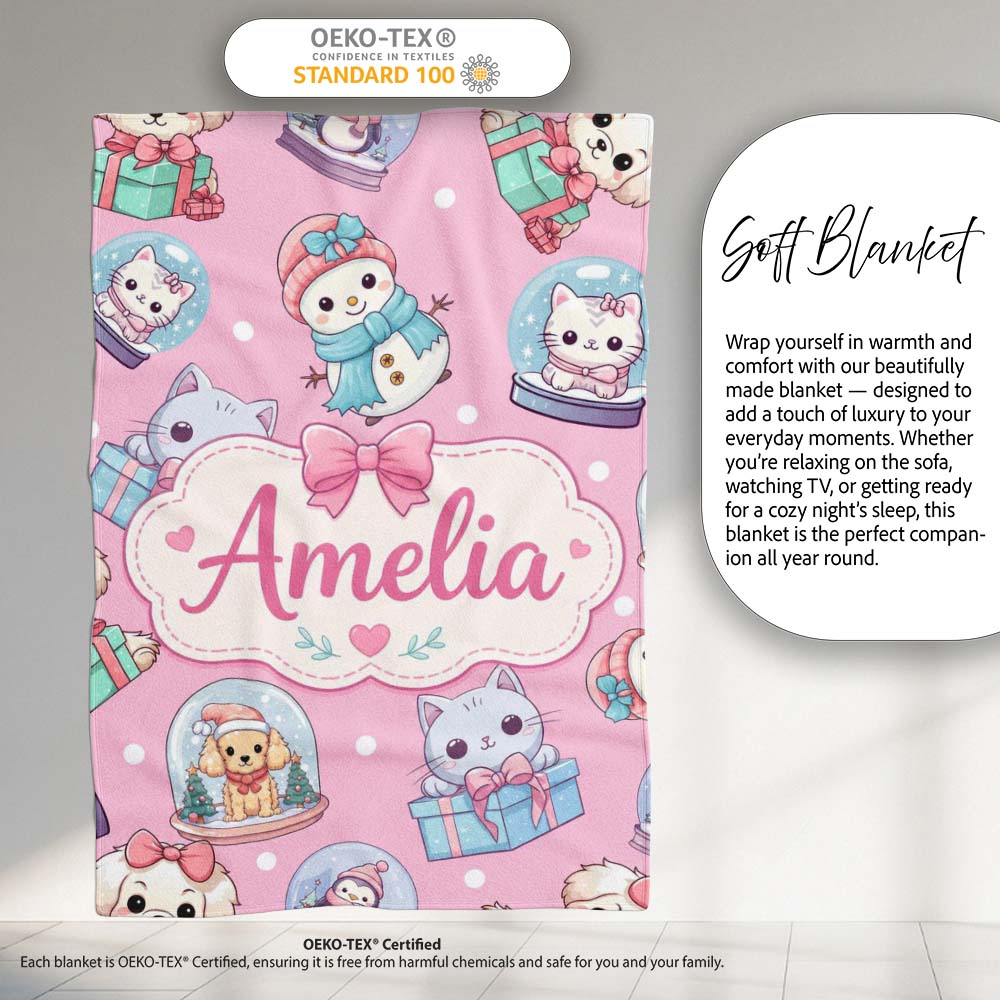 Cute Christmas Kittens Puppies Snow Globes Pink Background Seamless  Personalised Custom Name Super Soft Fleece Blanket Bed Sofa Throw