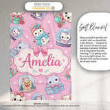 Cute Christmas Kittens Puppies Snow Globes Pink Background Seamless  Personalised Custom Name Super Soft Fleece Blanket Bed Sofa Throw
