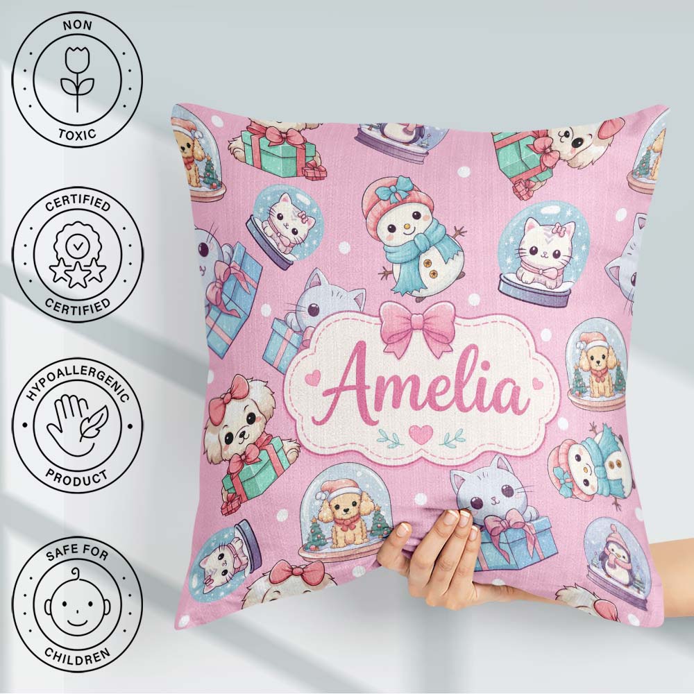 Custom Name Kittens Puppies Snow Globes Pink Background Seamless Square Filled Cushion Throw Pillow Sofa Bed Home Decor Zip Washable UK Made