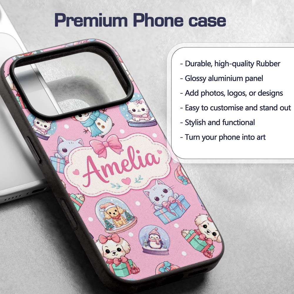 Cute Christmas Kittens Puppies Snow Globes Pink Custom Name Protective Phone Case Mobile Cover Durable Everyday Smartphone Shock Resistant