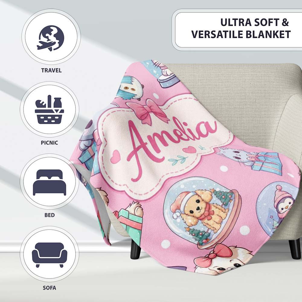 Cute Christmas Kittens Puppies Snow Globes Pink Background Seamless  Personalised Custom Name Super Soft Fleece Blanket Bed Sofa Throw