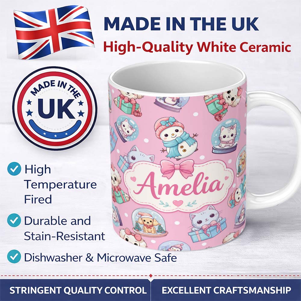 Personalized Custom Name Cute Christmas Kittens Puppies Snow Globes Pink Background Seamless 11oz Ceramic Coffee Tea Mug White Large Handle