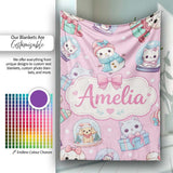 Cute Christmas Kittens Puppies Snow Globes Pink Background Seamless  Personalised Custom Name Super Soft Fleece Blanket Bed Sofa Throw