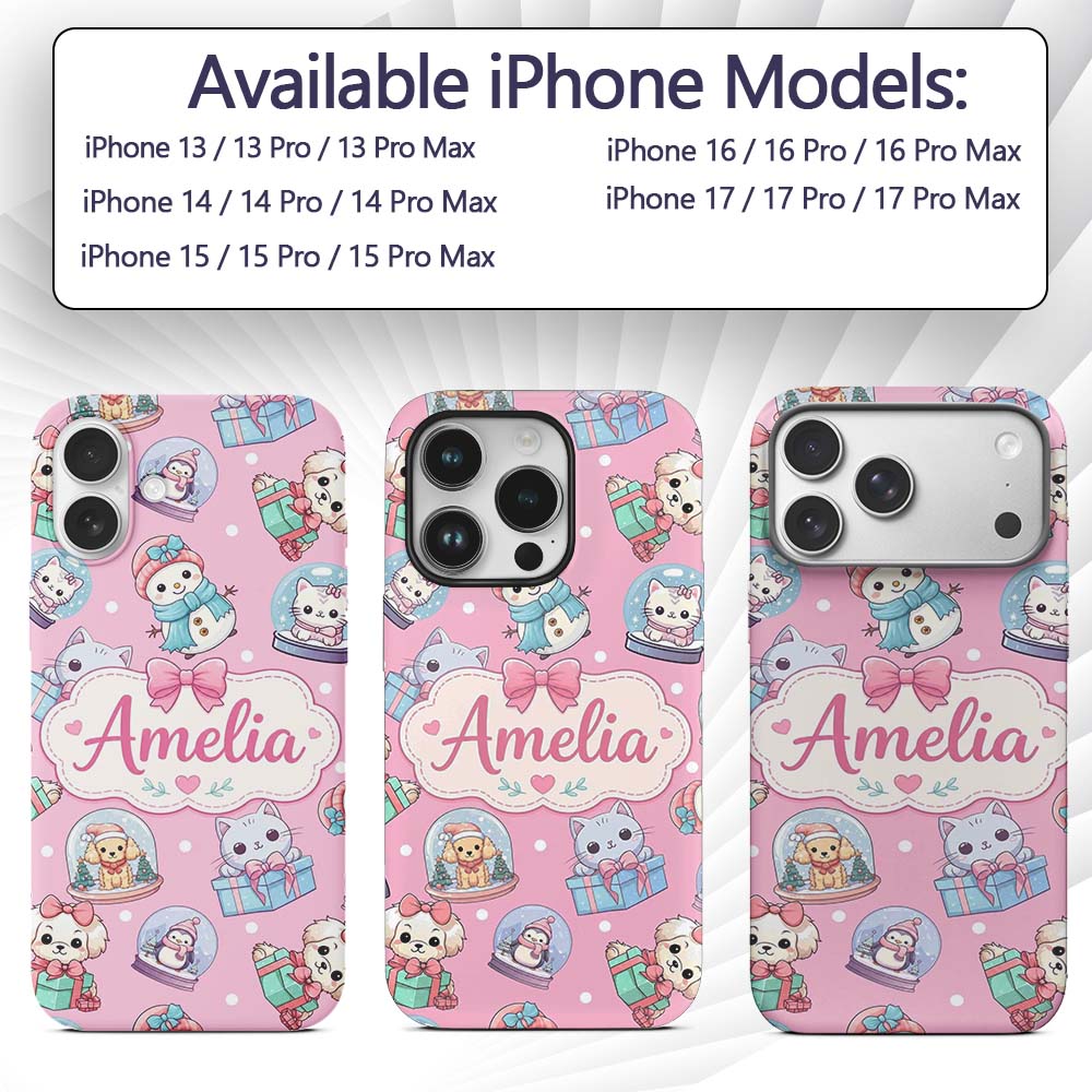 Cute Christmas Kittens Puppies Snow Globes Pink Custom Name Protective Phone Case Mobile Cover Durable Everyday Smartphone Shock Resistant