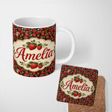 Personalized Custom Name Dense Vintage Strawberries and Foliage on Black Background Seamless 11oz Ceramic Coffee Tea Mug White Large Handle
