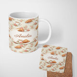 Personalized Custom Name Floral Vintage Croissant Tea Cup Seamless Pattern Shabby Chic Style 11oz Ceramic Coffee Tea Mug White Large Handle