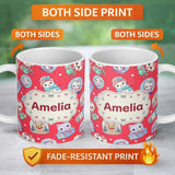 Personalized Custom Name Cute Christmas Kittens Puppies Snow Globes Red Background Seamless 11oz Ceramic Coffee Tea Mug White Large Handle