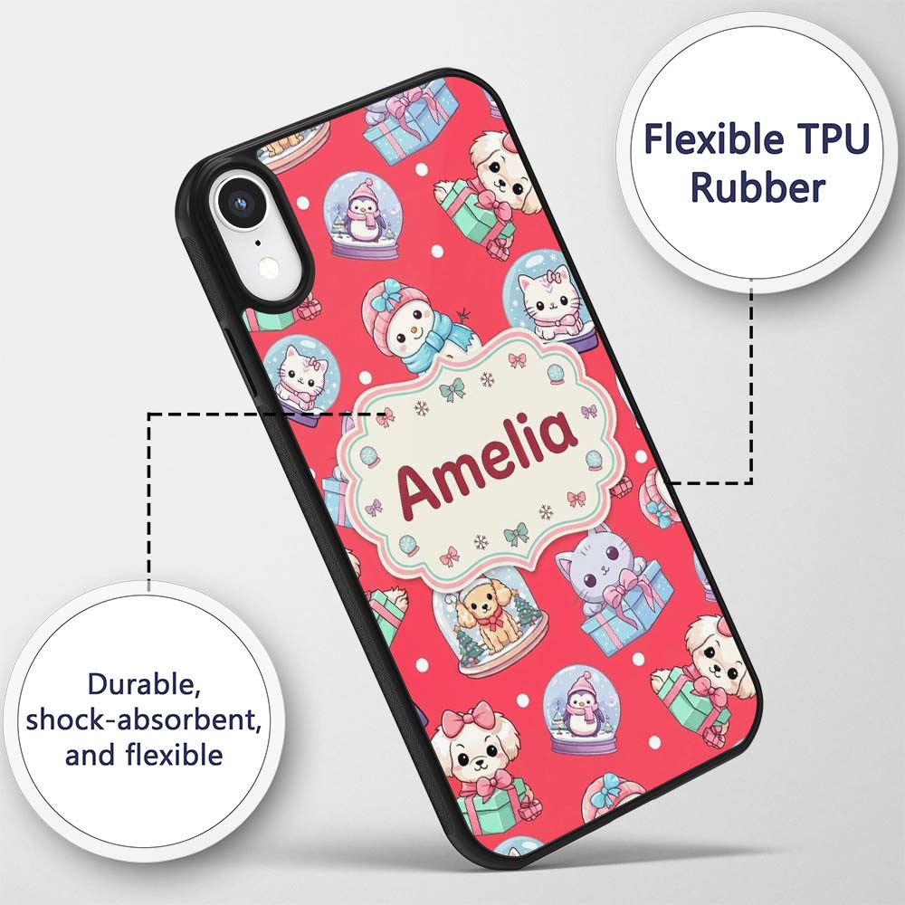 Cute Christmas Kittens Puppies Snow Globes Red Custom Name Protective Phone Case Mobile Cover Durable Everyday Smartphone Shock Resistant