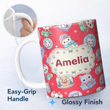 Personalized Custom Name Cute Christmas Kittens Puppies Snow Globes Red Background Seamless 11oz Ceramic Coffee Tea Mug White Large Handle