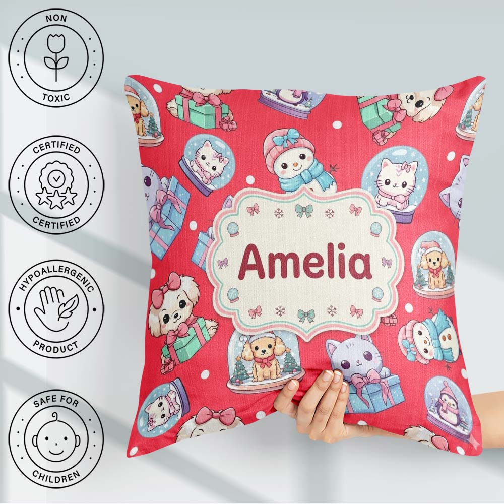 Custom Name Christmas Kittens Puppies Snow Globes Red Background Square Filled Cushion Throw Pillow Sofa Bed Home Decor Zip Washable UK Made