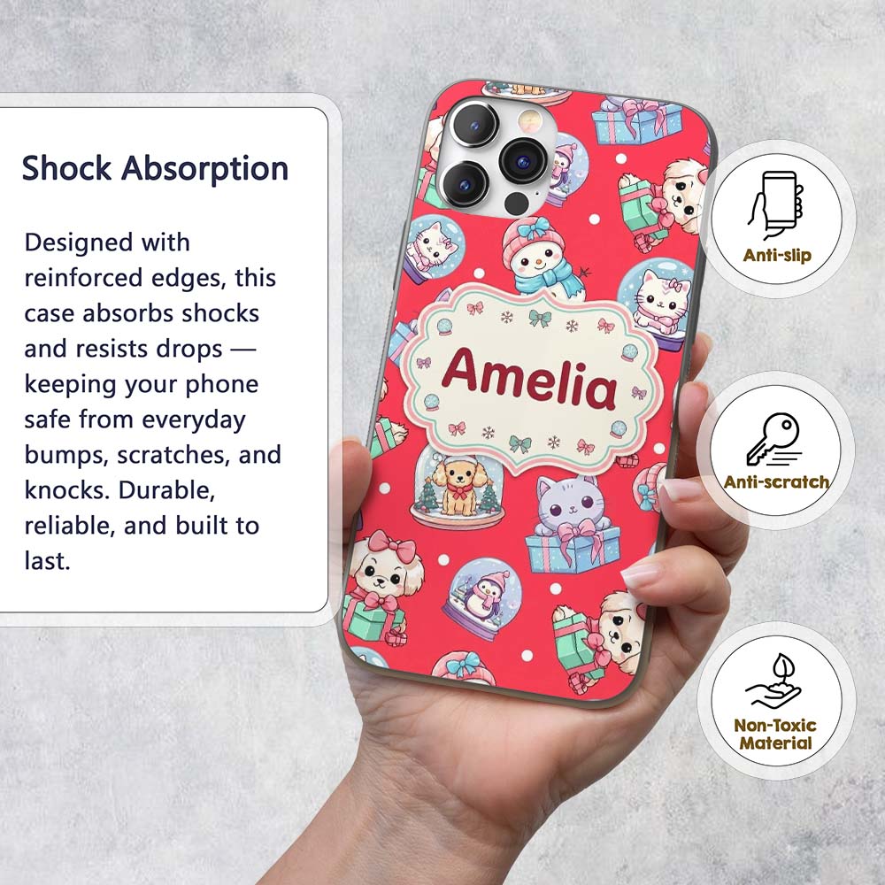 Cute Christmas Kittens Puppies Snow Globes Red Custom Name Protective Phone Case Mobile Cover Durable Everyday Smartphone Shock Resistant